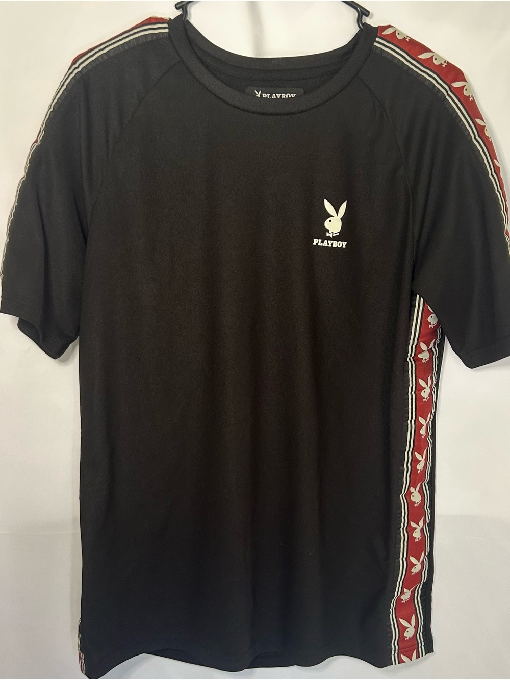 Playboy Pacsun Men's Black Tee with Red Logo Tape